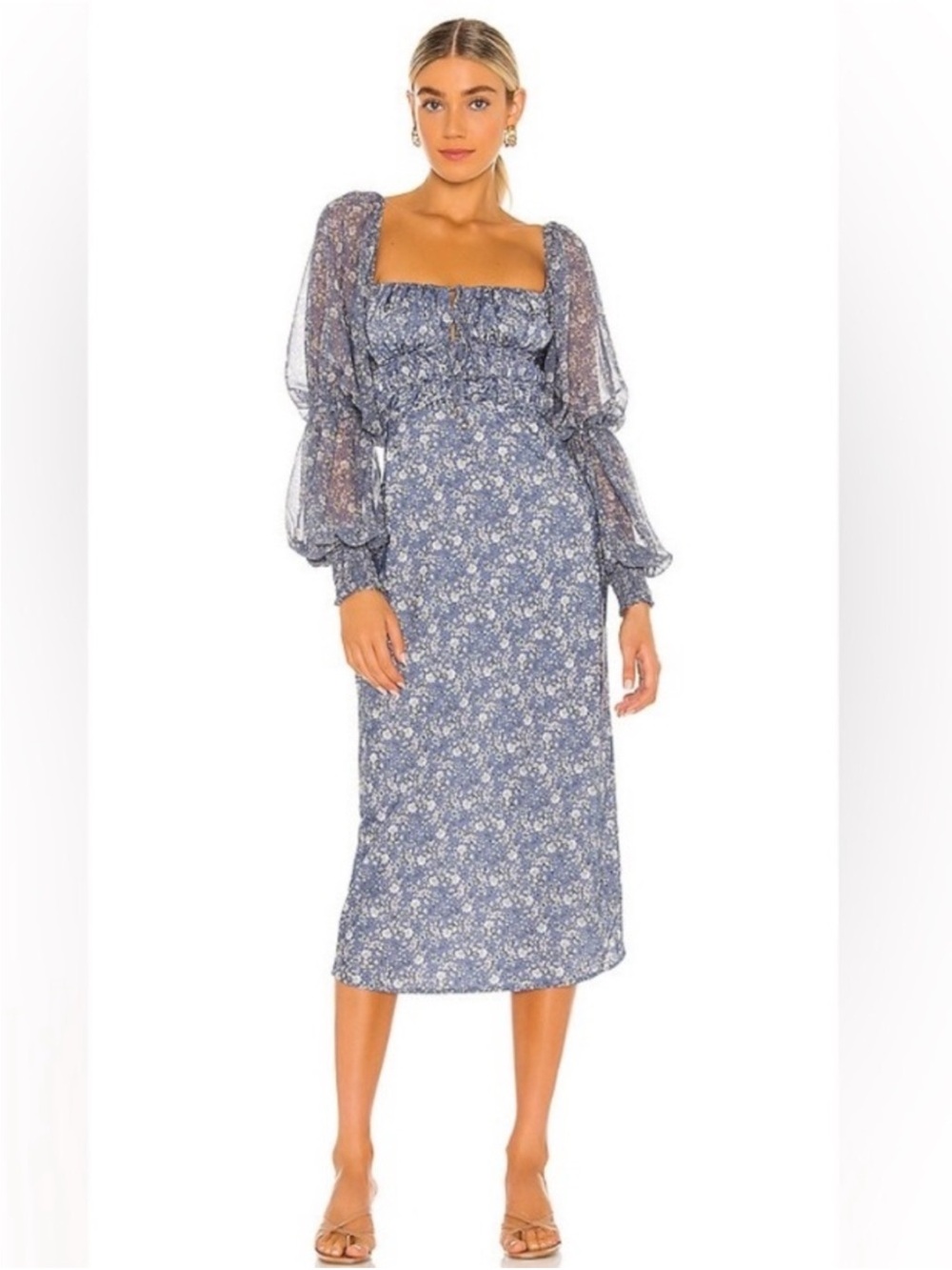 Free People Aglow blue satin floral midi dress Blue Floral Puff Sleeve small
